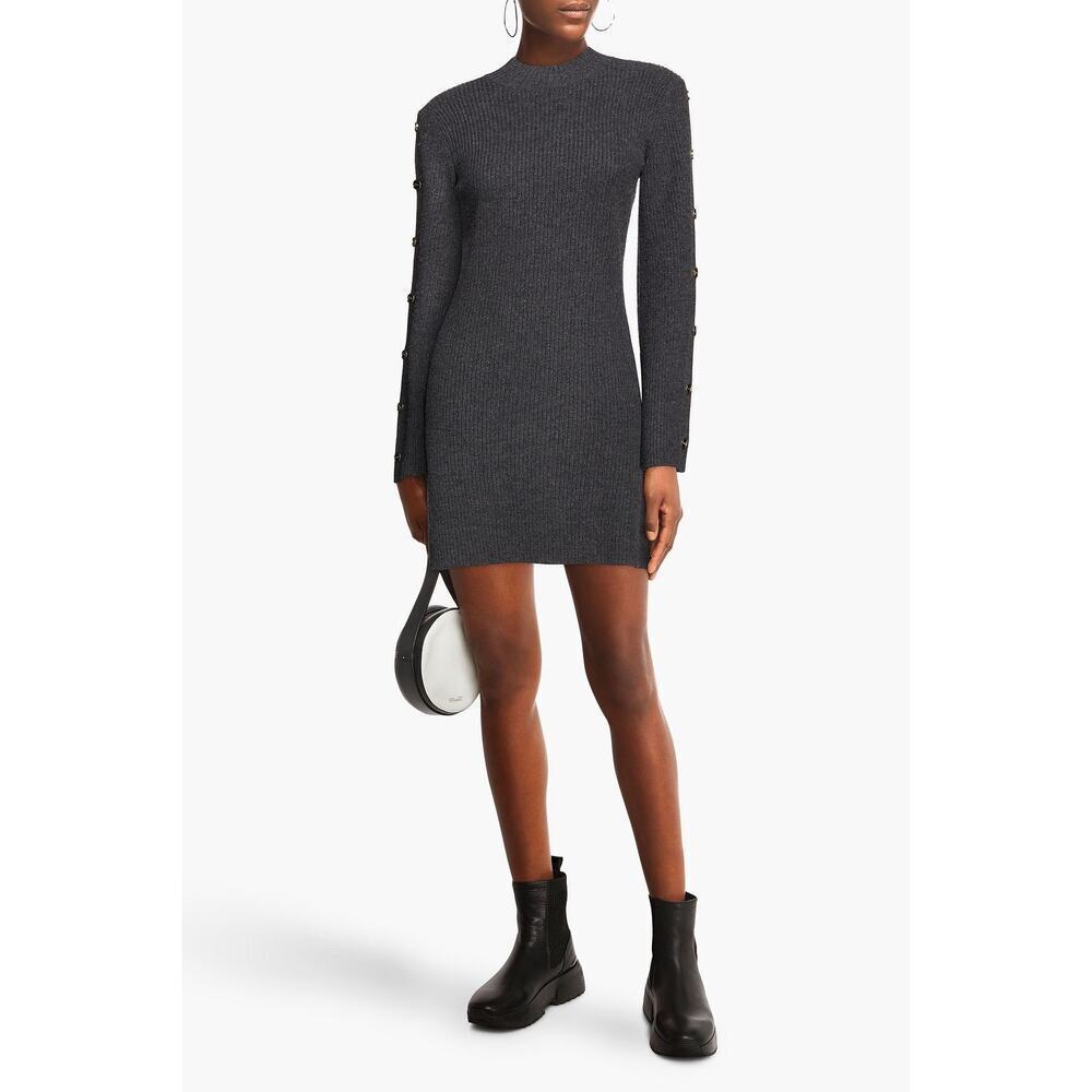 Sandro Paris Embellished Ribbed Wool & Cashmere Long Sleeve Gray Mini Dress US 2